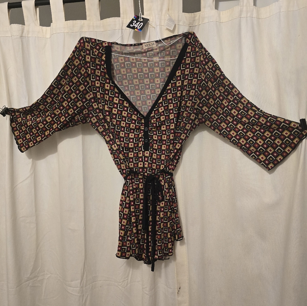 #340 Red Geometric Patterned Belted Blouse - image 1